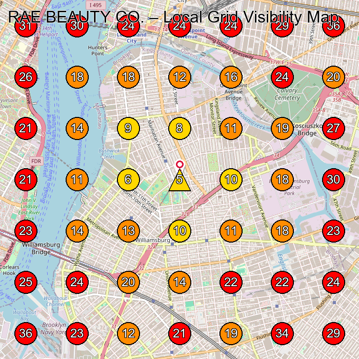 RAE BEAUTY CO. GeoGrid visibility map for Hair Salon in Brooklyn